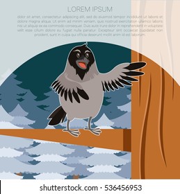 Vector image of the Happy Crow on the winter flat backgrownd