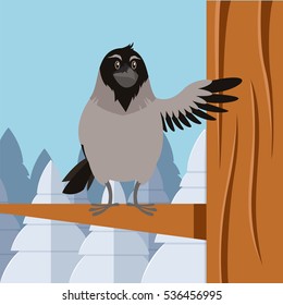 Vector image of the Happy Crow on the winter flat backgrownd