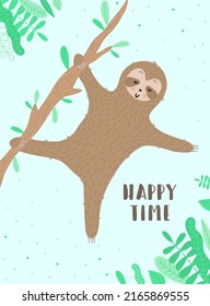 Vector image of a happy dancing sloth on the branch. Hand-drawn cartoon illustration for children, tropical summer, holiday, card, banner, print, poster, baby, nursery.