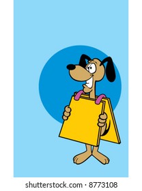 vector image of a happy dog wearing a sign board or sandwich advertising outfit - put your text on the sign