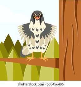 Vector image of the Happy Falcon on the Tree flat background