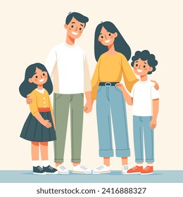 Vector image of happy family. Father, mother, son and daughter together. Flat style design 