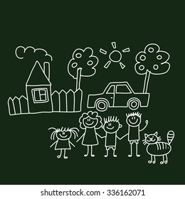 Vector image of happy family with house and car