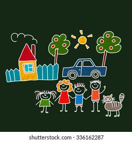 Vector image of happy family with house and car