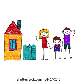 Vector image of happy family with house. Kids drawing