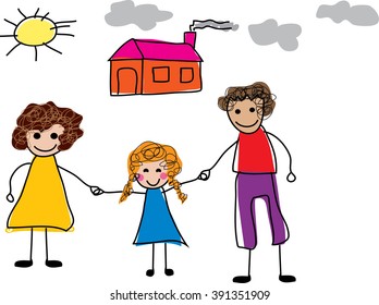Vector image of happy family with house. Kids drawing I love my family