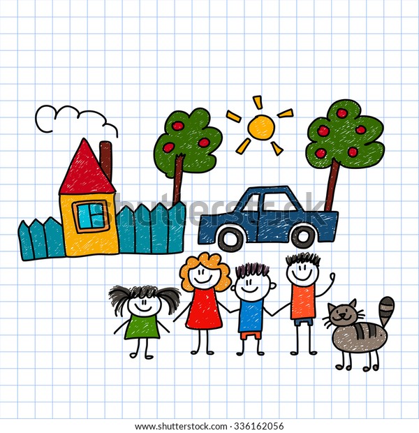 Vector image of\
happy family with house and\
car