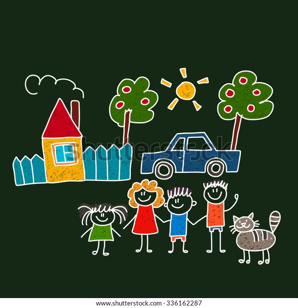 Vector image of
happy family with house and
car
