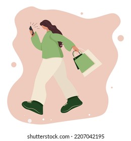 Vector image of a happy girl walking with packages and sharing the joy of shopping.