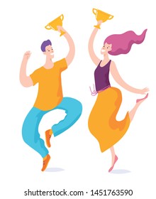 Vector image of happy jumping people with a prize. Symbol of sucsess and creativity. Happy people who reach the goal.