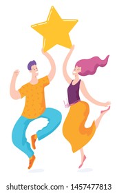 Vector image of happy jumping people holding a big star. Symbol of sucsess and creativity. Happy people who reach the goal.