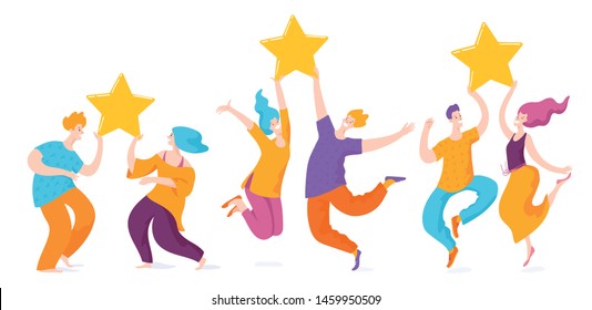 Vector image of happy jumping people with a star. Symbol of sucsess and creativity. Happy people who reach the goal.