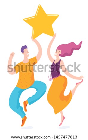Vector image of happy jumping people holding a big star. Symbol of sucsess and creativity. Happy people who reach the goal.