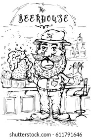 Vector image of a happy man with a hat drinking beer .A man with a pint in hand, toast.