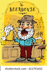 Vector image of a happy man with a hat drinking beer .A man with a pint in hand, toast.