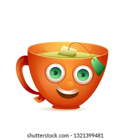 Vector image. Happy mug of tea. Cute cartoon character mug with big eyes.