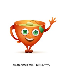 Vector image. Happy mug of tea. Cute cartoon character mug with big eyes.