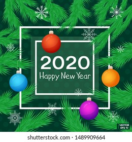 Vector image. Happy New Year. Text framed. Fir branches with colored Christmas balls.