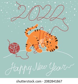 Vector image. Happy new year 2022 greeting card with a picture of a tiger playing with a ball of thread