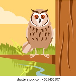 Vector image of the Happy Owl on the Tree flat background