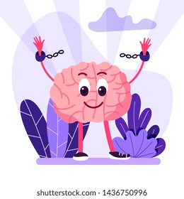 Vector image of happy pink brain with arms and legs breaking chains while standing among plants over white and purple backdrop. Vector illustration.