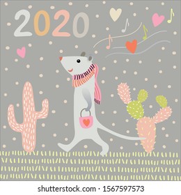 Vector image of a happy rat in a scarf and with a handbag among snowflakes, hearts, notes and numbers 2020 on a gray background in the Scandinavian style