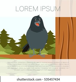 Vector image of the Happy Raven on the Tree winter flat background