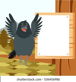 Vector image of the Happy Raven on the Tree winter flat background
