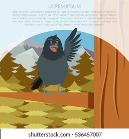 Vector image of the Happy Raven on the Tree winter flat background