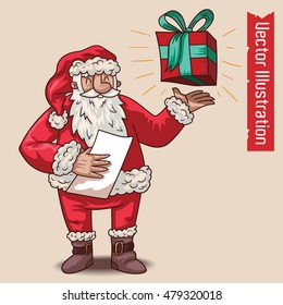 Vector image of a happy Santa Claus gives gifts on the list.