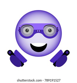 Vector image of a happy smiley in virtual reality glasses of a new generation with controllers in hands in ultra violet color. Isolated vector on a white background.