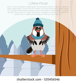 Vector image of the Happy Sparrow with Hat on the Tree flat background