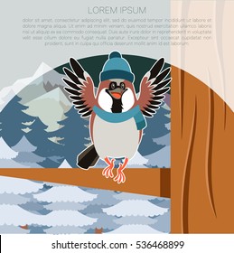 Vector image of the Happy Sparrow with Hat on the Tree flat background