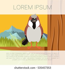 Vector image of the Happy Sparrow on the Tree flat background