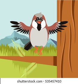Vector image of the Happy Sparrow on the Tree flat background