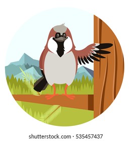 Vector image of the Happy Sparrow on the Tree flat background