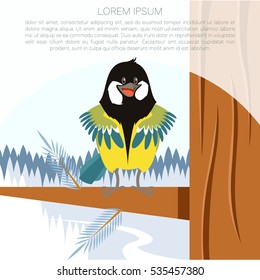 Vector image of the Happy Titmouse on the Tree winter flat background