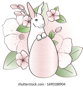 Vector image of a hare, flowers, easter egg.