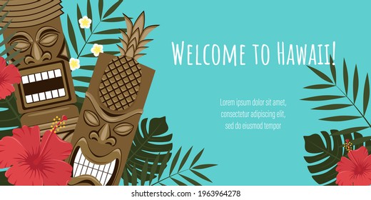 Vector image of a Hawaiian banner. Image of Hawaiian tiki statues, palm leaves, flowers. Template for banner, flyer, invitation.