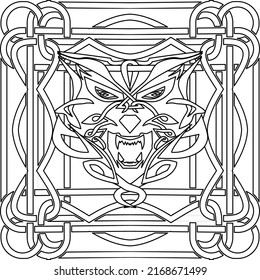 Vector image of the head of an angry wolf in a square frame. Celtic symbol. Totem. Sacred animal of the Vikings. Black tribal tattoo. Vector illustration.