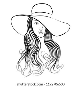 Vector image of the head of the beautiful girl in a hat. Pretty brunette. Sketch of the lovely young woman. New minimalism. Vector illustration of the face of the nice lady. 