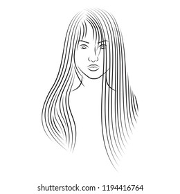 Vector image of the head of the beautiful girl with long hair. Lovely brunette. Sketch of the pretty young woman. New minimalism. Vector illustration of the face of the nice lady. 