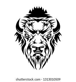 Vector image of the head of a bison. Giant from prairies. Indian symbol of freedom and force. Black tribal tattoo. American wild bull. Vector illustration.