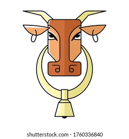 Vector image of the head of a cow with rings in the ears and a bell in the neck. Isolated cow on a white background 