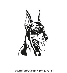 Vector image of head dog Doberman. Black and white silhouette.