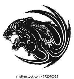 Vector image of the head of a furious tiger and head of a raven. Black tribal tattoo. Force and wisdom. Vector illustration.