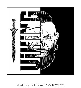 Vector image of the head of a furious Viking. A sword made of Celtic patterns. Poster in Norwegian style. Black tattoo. Illustration of Scandinavian myths for t shirt print. Drawing for design.