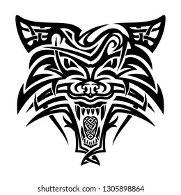 Vector image of the head of a furious wolf. Forest predator. Wolfhound. Gray murderer. Symbol of Celts. Totem. Sacred animal of Vikings. Black tribal tattoo. Vector illustration.