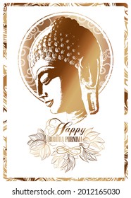 Vector image of the head of Gautam Buddha in profile. Postcard, poster, banner - Buddha Purnima or Vesak card