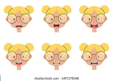 Vector image of the head of girl, young women variation of feelings and their presentation. Character avatar for game, cartoon or icon. Flat illustration.Character with glasses, blonde hair and braces